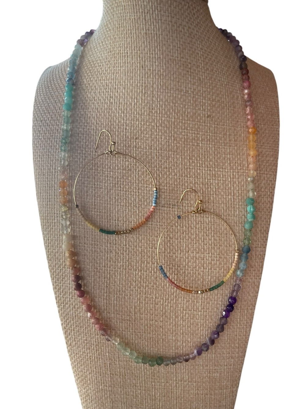 Multicolored Ombre Blended Faceted Gemstone Necklace w Complementing Earrings